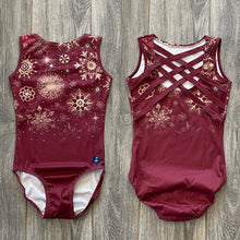 Load image into Gallery viewer, Glisten Cranberry &amp; Gold SnowflakesLeotard
